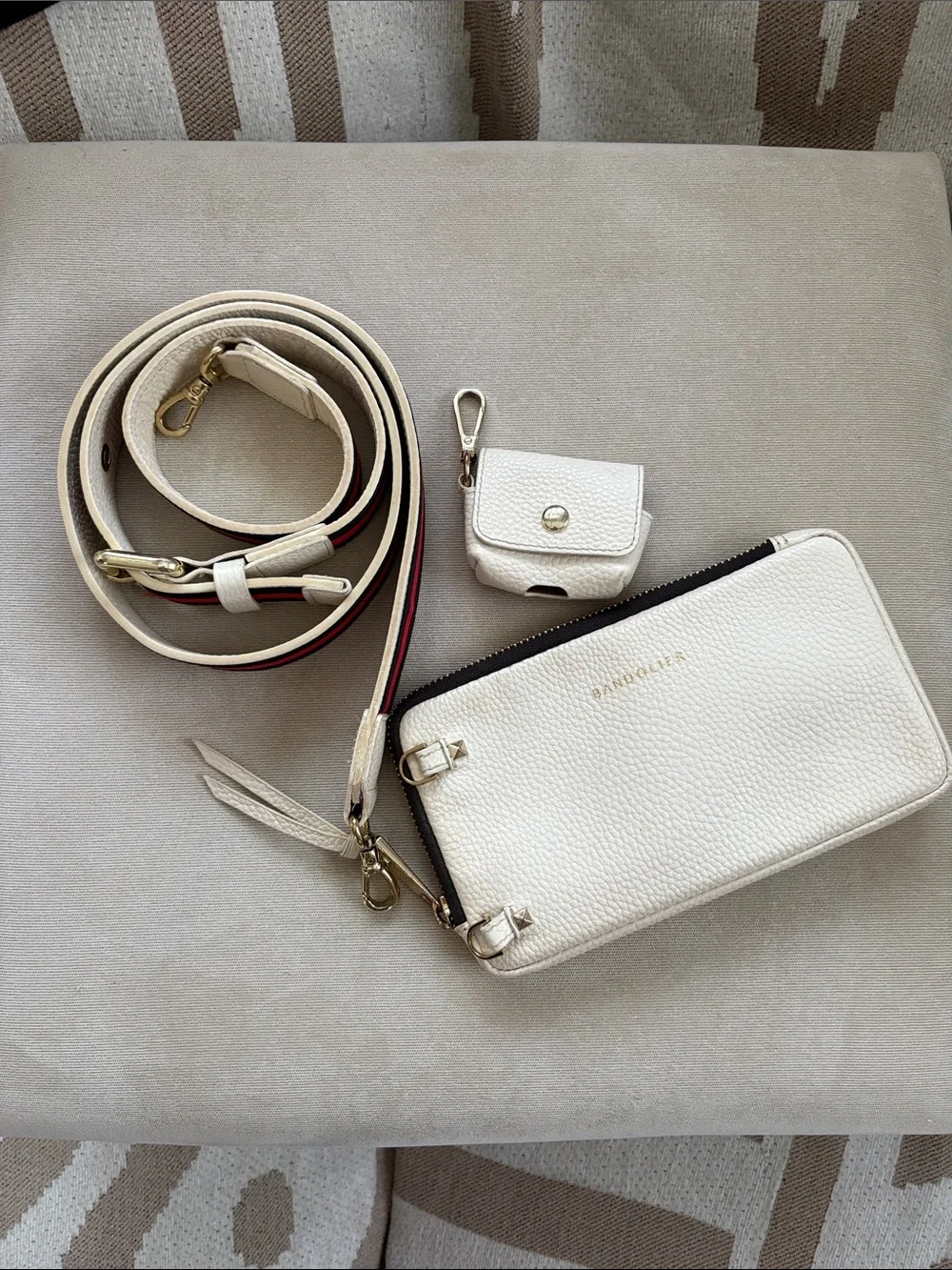 Bandolier White Pebble Leather Crossbody with Removable Striped Strap